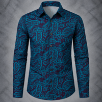 A men's long-sleeve button-up dress shirt with a dark teal and navy paisley pattern, shown on a gray textured background.