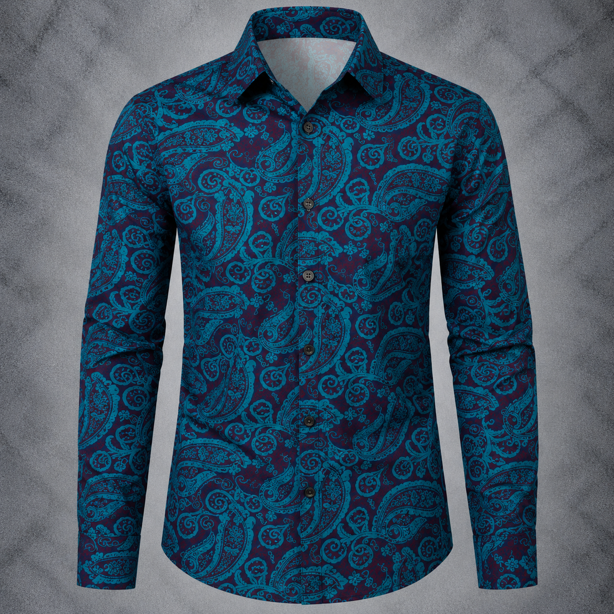 Mens Teal Paisley Shirt, Navy Floral Long Sleeve Button Up, Retro Pattern Festival Party Shirt, Vintage Style Gift for Him