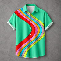 A short-sleeve button-up shirt in bright mint green with a bold, multicolored wavy stripe pattern running diagonally across the front. The stripes include red, orange, pink, light blue, purple, and yellow.