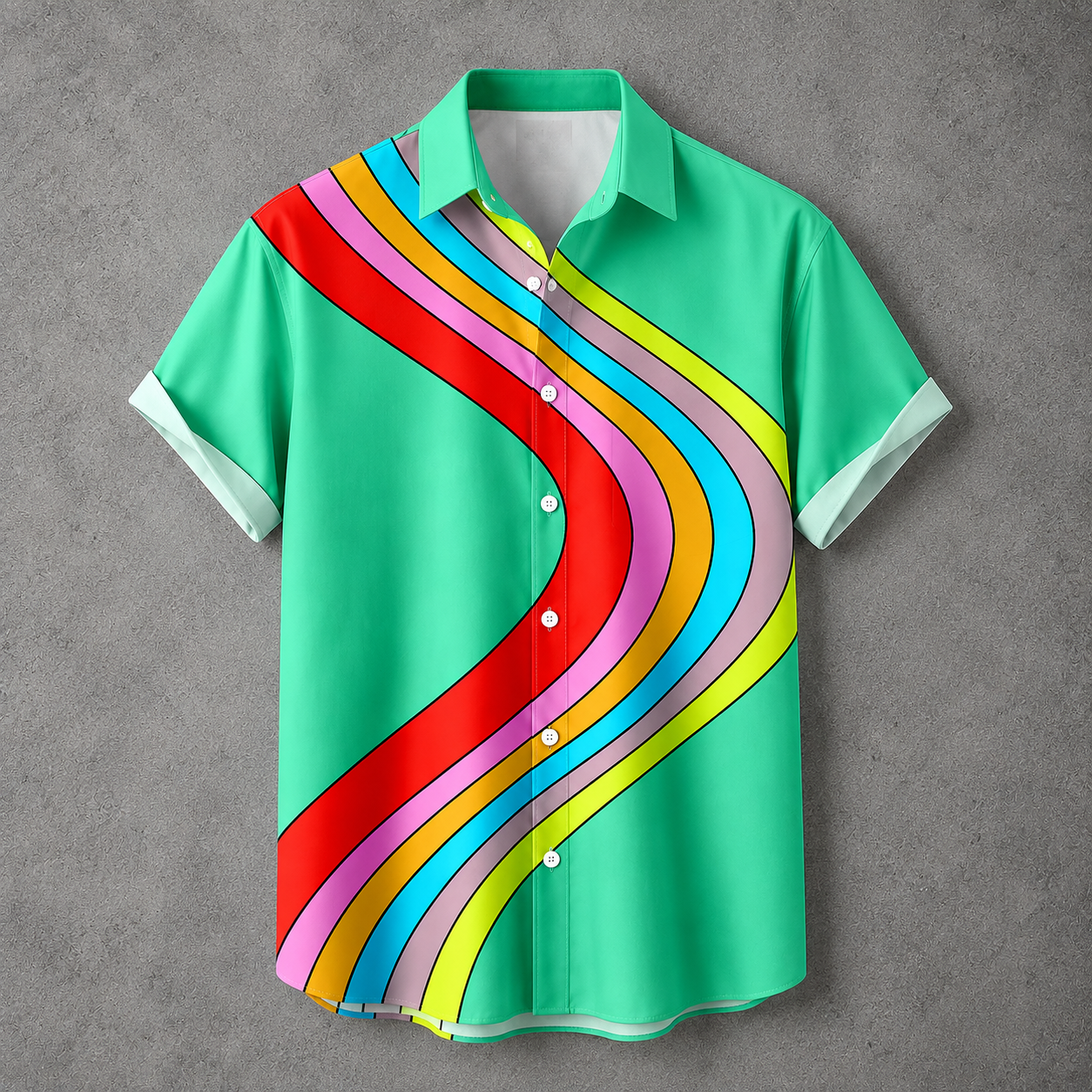 A short-sleeve button-up shirt in bright mint green with a bold, multicolored wavy stripe pattern running diagonally across the front. The stripes include red, orange, pink, light blue, purple, and yellow.
