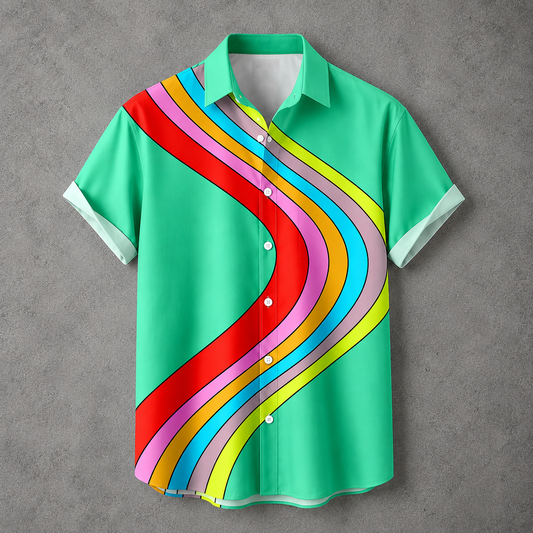 A short-sleeve button-up shirt in bright mint green with a bold, multicolored wavy stripe pattern running diagonally across the front. The stripes include red, orange, pink, light blue, purple, and yellow.