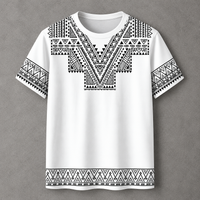 A white short-sleeve crewneck t-shirt with a black geometric tribal pattern printed across the chest, sleeves, and hem, displayed on a neutral gray background.