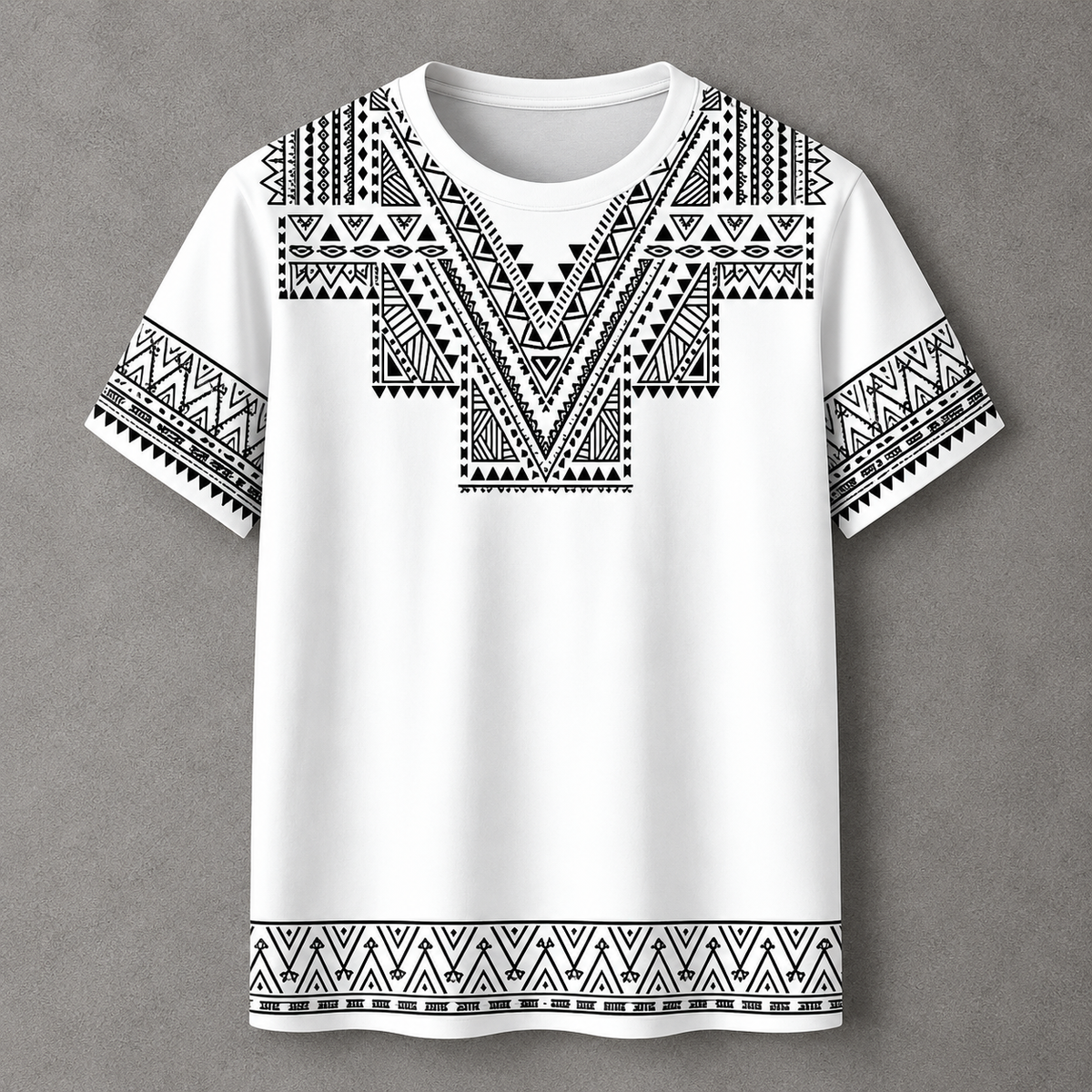 A white short-sleeve crewneck t-shirt with a black geometric tribal pattern printed across the chest, sleeves, and hem, displayed on a neutral gray background.