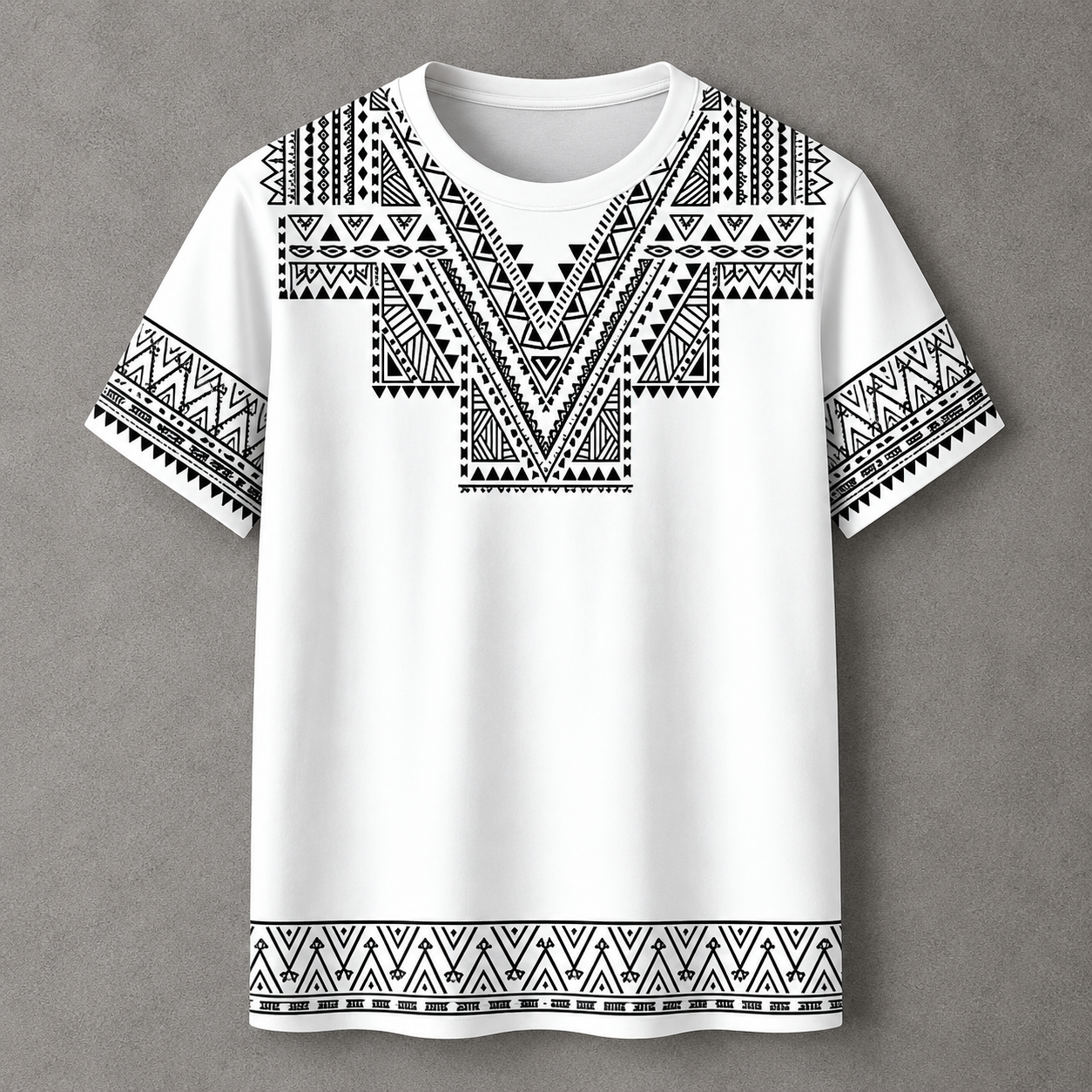 A white short-sleeve crewneck t-shirt with a black geometric tribal pattern printed across the chest, sleeves, and hem, displayed on a neutral gray background.