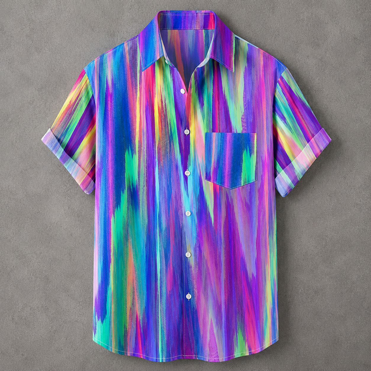 A short-sleeve button-up shirt with a vibrant, multicolored vertical ikat-style pattern in shades of purple, blue, green, pink, and yellow, displayed flat against a textured gray background.