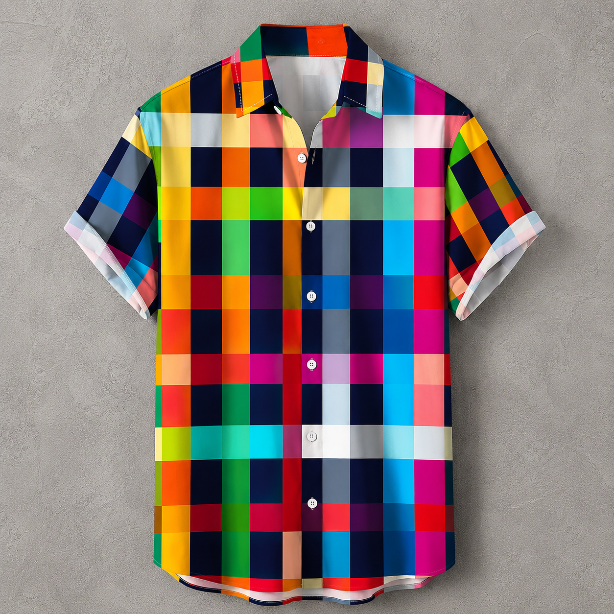 A short-sleeve button-up shirt with a vibrant multicolor pixelated plaid pattern, laid flat on a textured gray background.