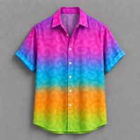 A short-sleeve button-up shirt with a vibrant rainbow gradient and a subtle circular pattern, displayed flat against a neutral gray background.