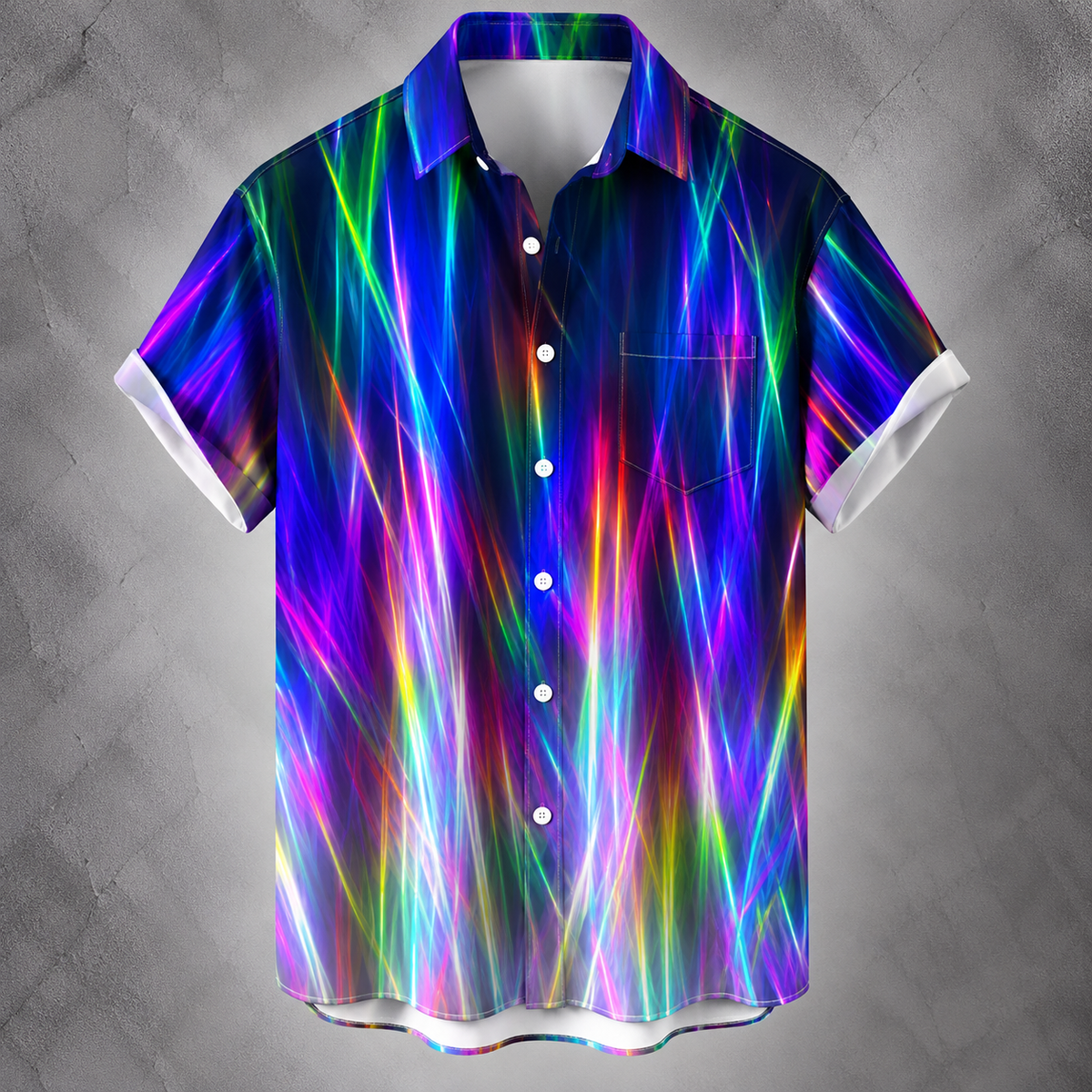 A short-sleeve button-up shirt with a vibrant, multicolored abstract neon light streak pattern in purple, blue, green, yellow, and pink, shown against a textured gray background.