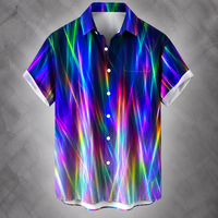 A short-sleeve button-up shirt with a vibrant, multicolored abstract neon light streak pattern in purple, blue, green, yellow, and pink, shown against a textured gray background.