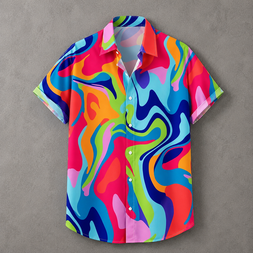 A short-sleeve button-up shirt with a vibrant, multicolored abstract fluid pattern, laid flat against a textured gray background.