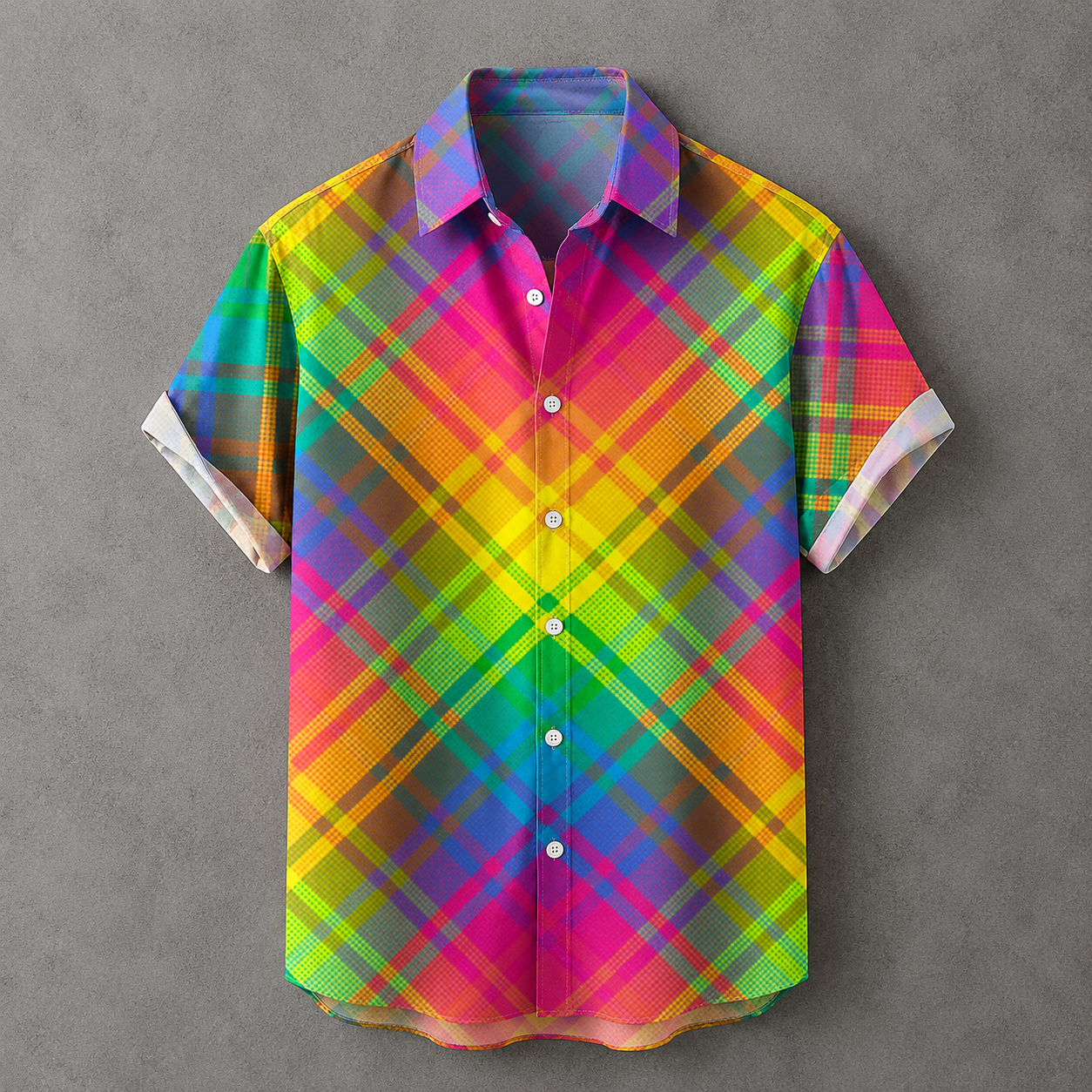 A short-sleeve button-up shirt with a vibrant rainbow plaid pattern, laid flat on a textured gray background.