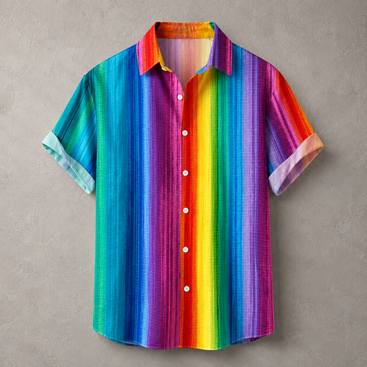 A short-sleeve button-up shirt with a vibrant rainbow stripe pattern, laid flat against a textured gray background.