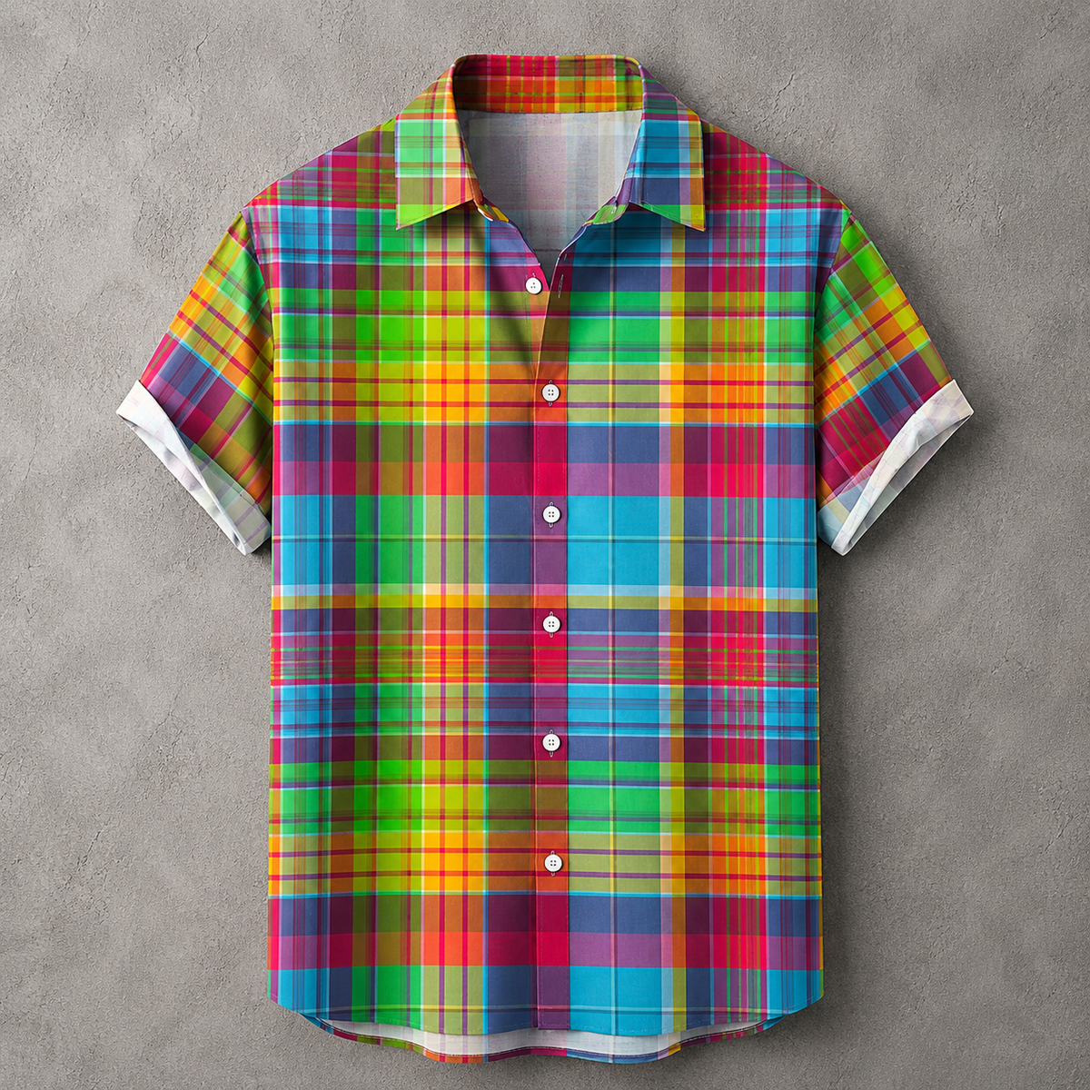 A short-sleeve button-up plaid shirt with a vibrant multicolor pattern of green, blue, red, orange, and yellow, displayed flat against a textured gray background.