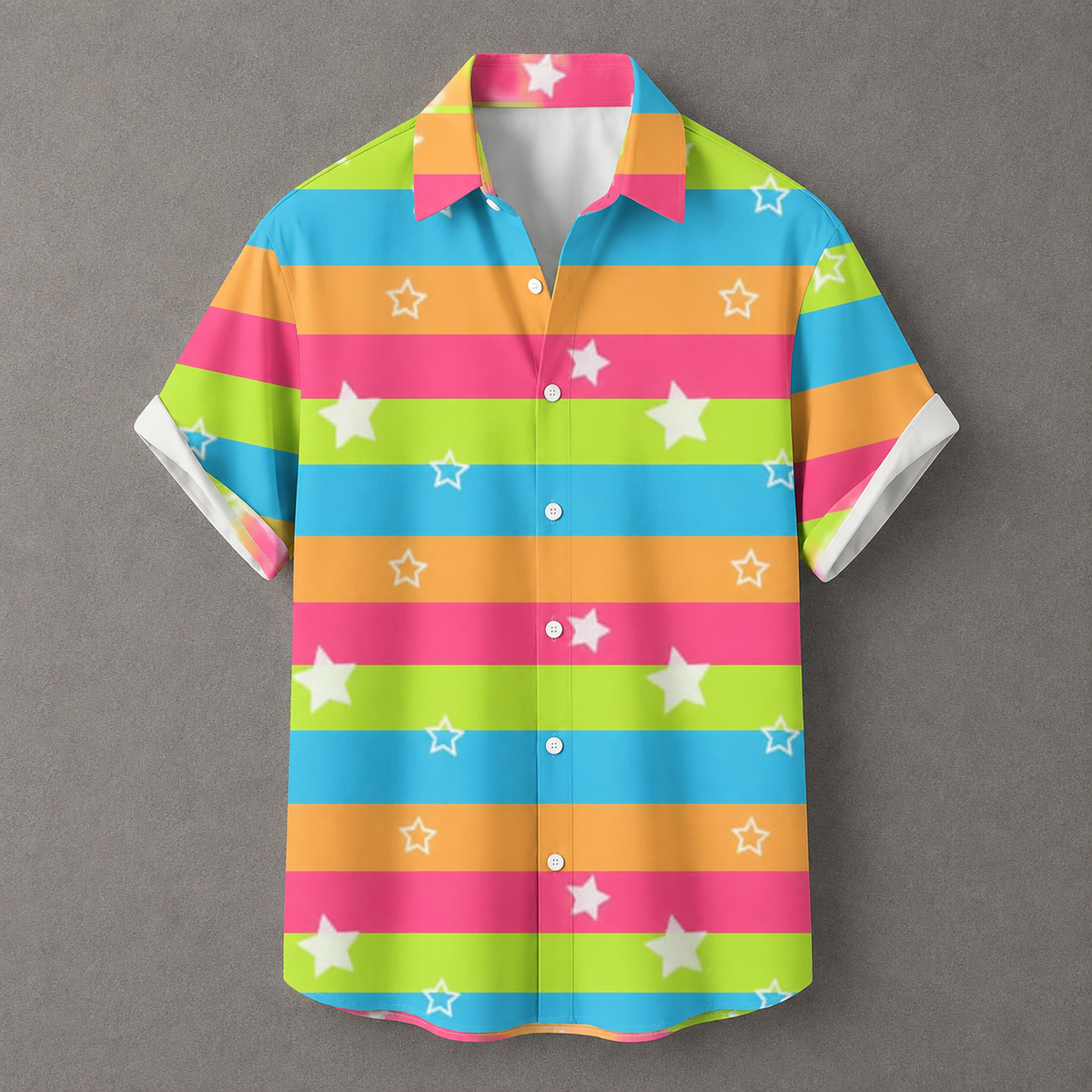 A short-sleeve button-up camp shirt with a colorful horizontal stripe pattern in pink, orange, yellow, and blue, accented with white stars, shown against a neutral gray background.