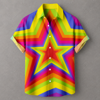 A short-sleeve button-up shirt with a bold rainbow star pattern, displayed against a neutral gray background.