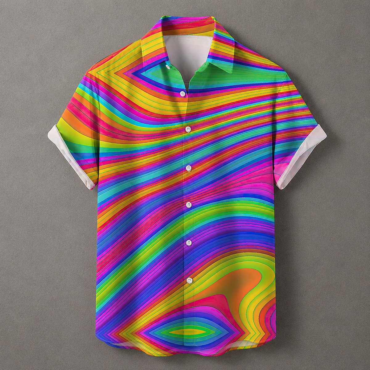 A short-sleeve button-up camp shirt with a vibrant, multicolored psychedelic wavy pattern, displayed against a solid gray background.