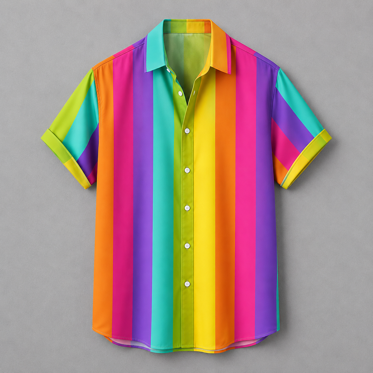 A short-sleeve button-up shirt with bold vertical rainbow stripes in pink, purple, blue, teal, yellow, orange, and green, shown flat against a neutral gray background.