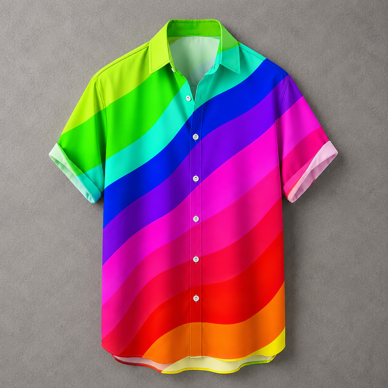A short-sleeve button-up shirt with a vibrant rainbow gradient pattern of wavy diagonal stripes in green, cyan, blue, purple, pink, red, and orange, displayed on a textured gray background.