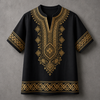 A black short-sleeve tunic top with intricate gold embroidery, featuring a split neckline, a central V-neckline panel with geometric and floral patterns, and matching decorative borders on the sleeves and hem, displayed against a textured gray background.