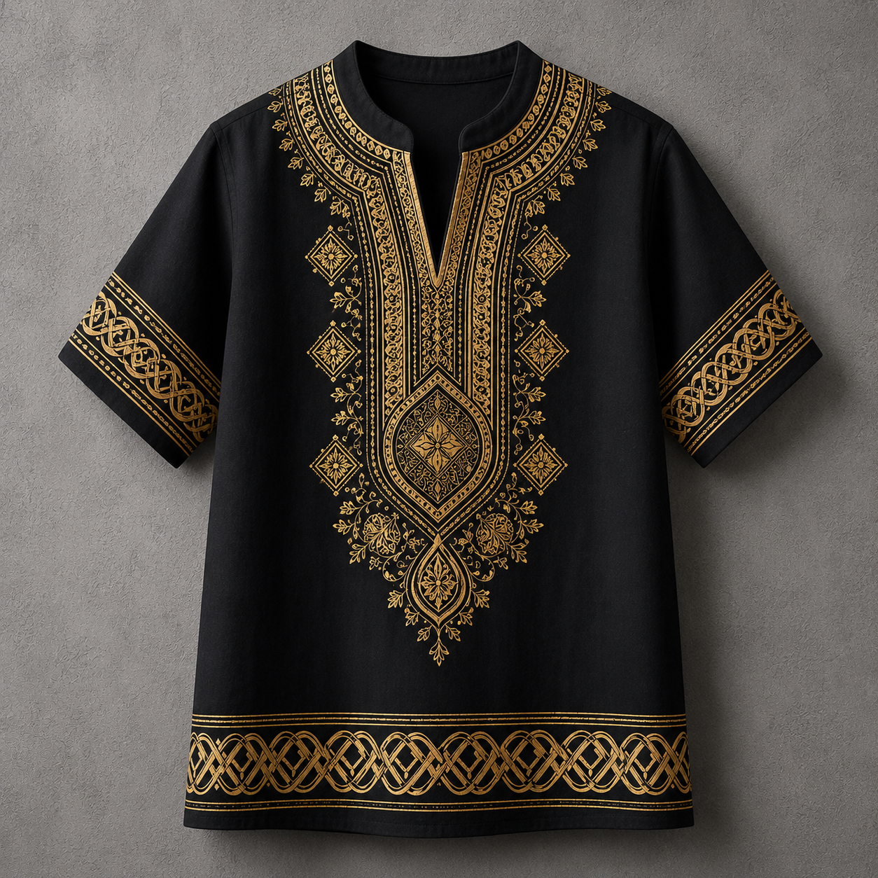 A black short-sleeve tunic top with intricate gold embroidery, featuring a split neckline, a central V-neckline panel with geometric and floral patterns, and matching decorative borders on the sleeves and hem, displayed against a textured gray background.