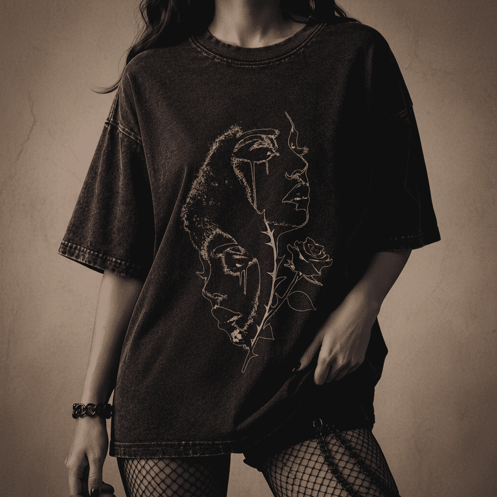 Oversized Gothic Shirt Dual Faces Thorn Rose CHAOSBORN - Chaos Born