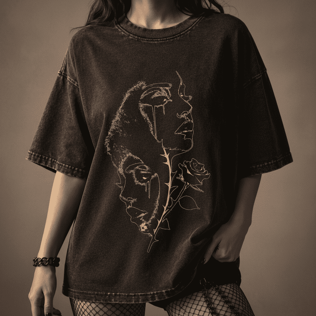 Oversized Gothic Shirt Dual Faces Thorn Rose CHAOSBORN - Chaos Born