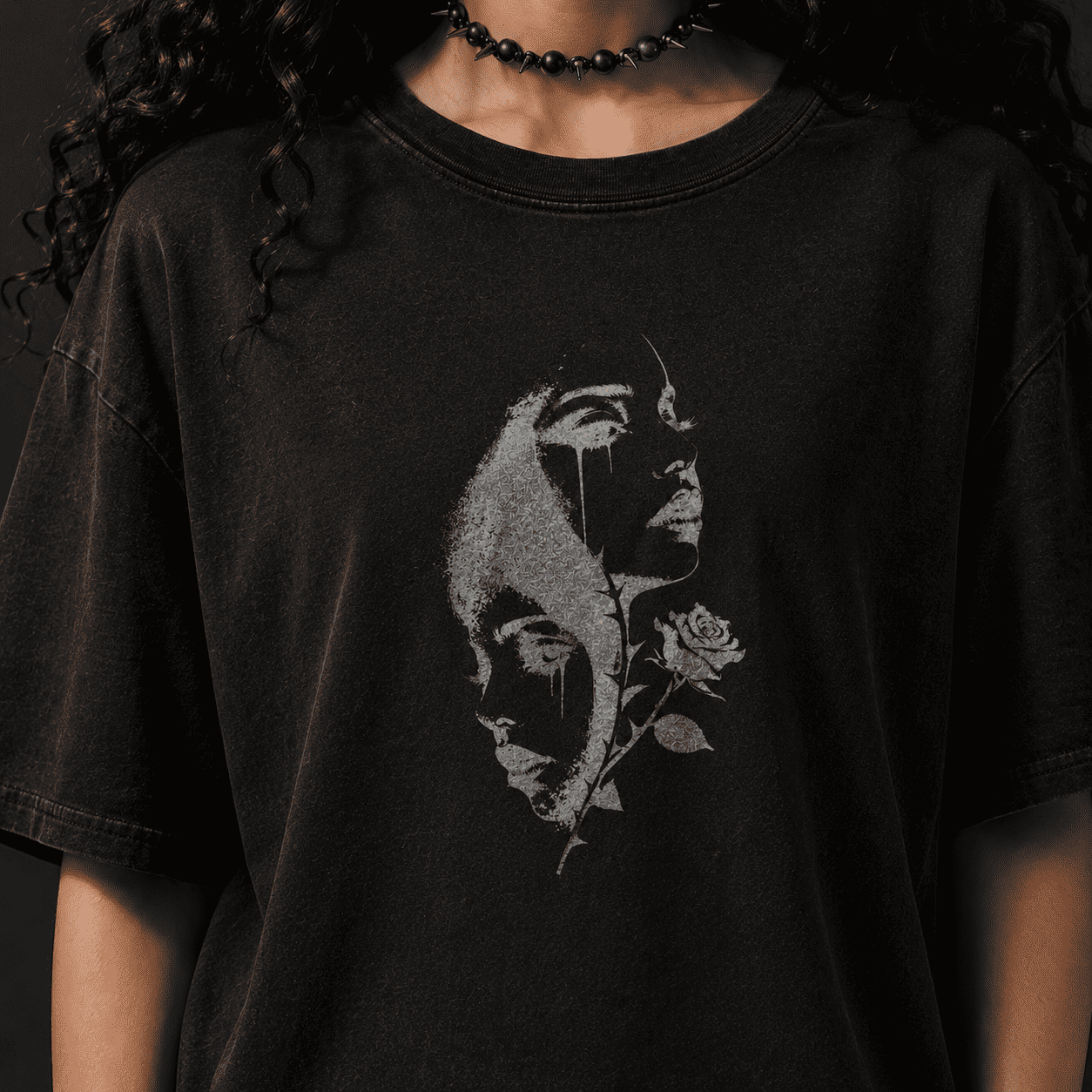 Oversized Gothic Shirt Split Faces Dark Rose CHAOSBORN - Chaos Born