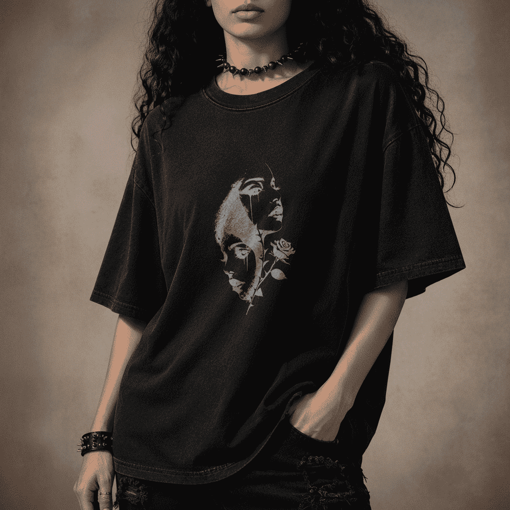 Oversized Gothic Shirt Split Faces Dark Rose CHAOSBORN - Chaos Born