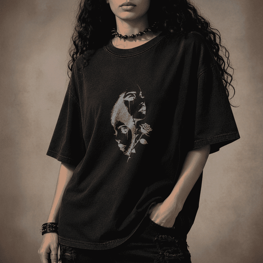Oversized Gothic Shirt Split Faces Dark Rose CHAOSBORN - Chaos Born
