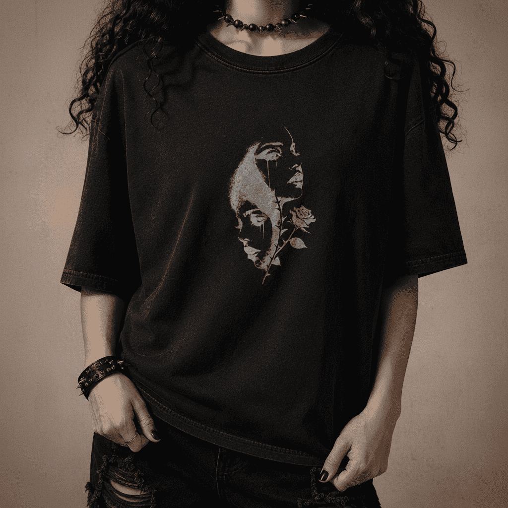 Oversized Gothic Shirt Split Faces Dark Rose CHAOSBORN - Chaos Born