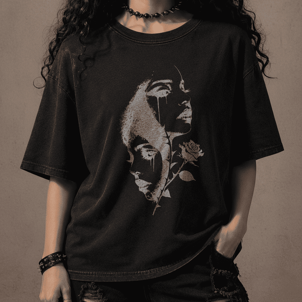 Oversized Gothic Shirt Split Faces Dark Rose CHAOSBORN - Chaos Born