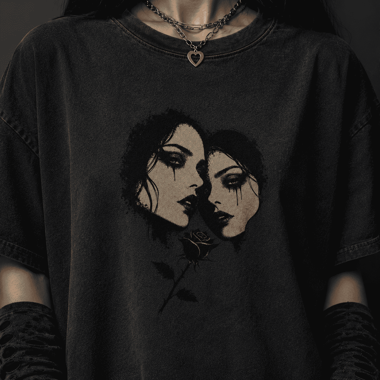 Oversized Gothic Shirt Twin Souls Black Rose CHAOSBORN - Chaos Born