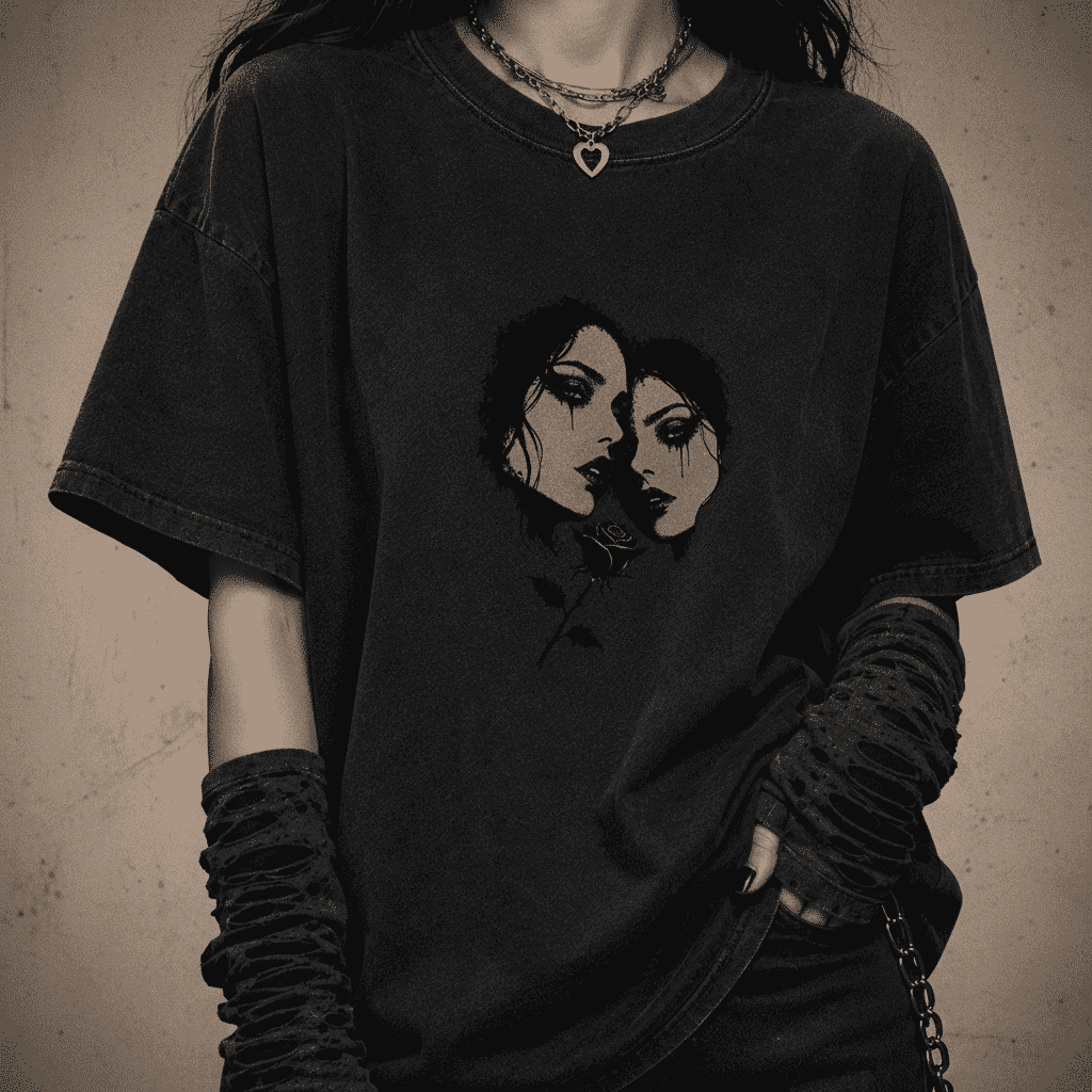 Oversized Gothic Shirt Twin Souls Black Rose CHAOSBORN - Chaos Born