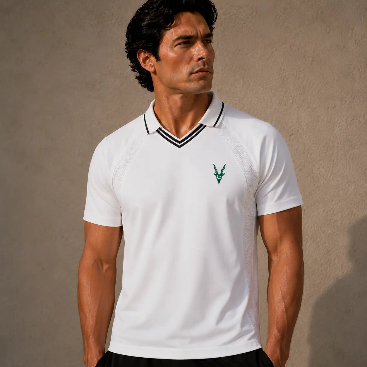 Man wearing a white polo shirt with a logo on a beige background