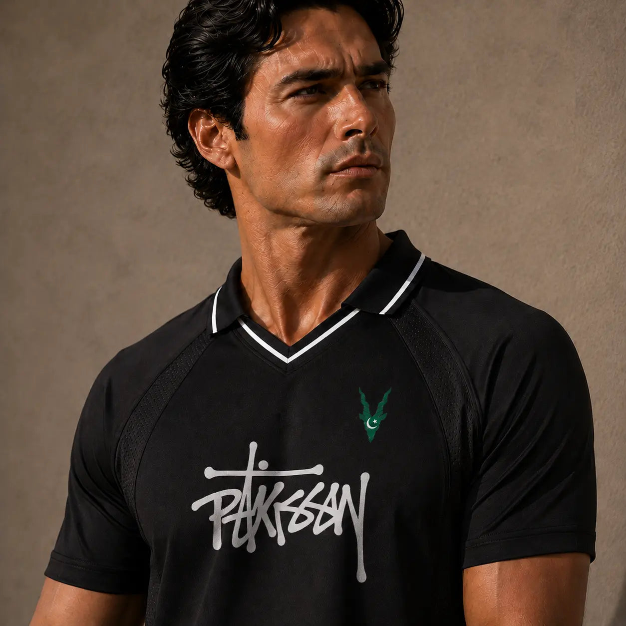 Man wearing a black polo shirt with a logo on a brown background