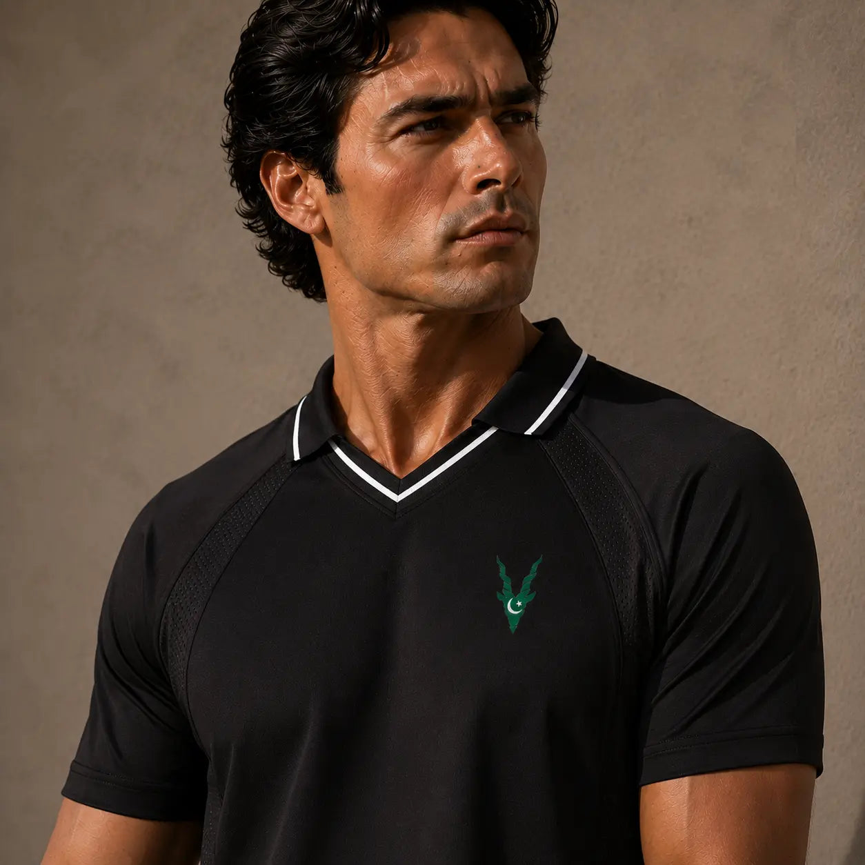 Man wearing a black polo shirt with a green logo against a brown background
