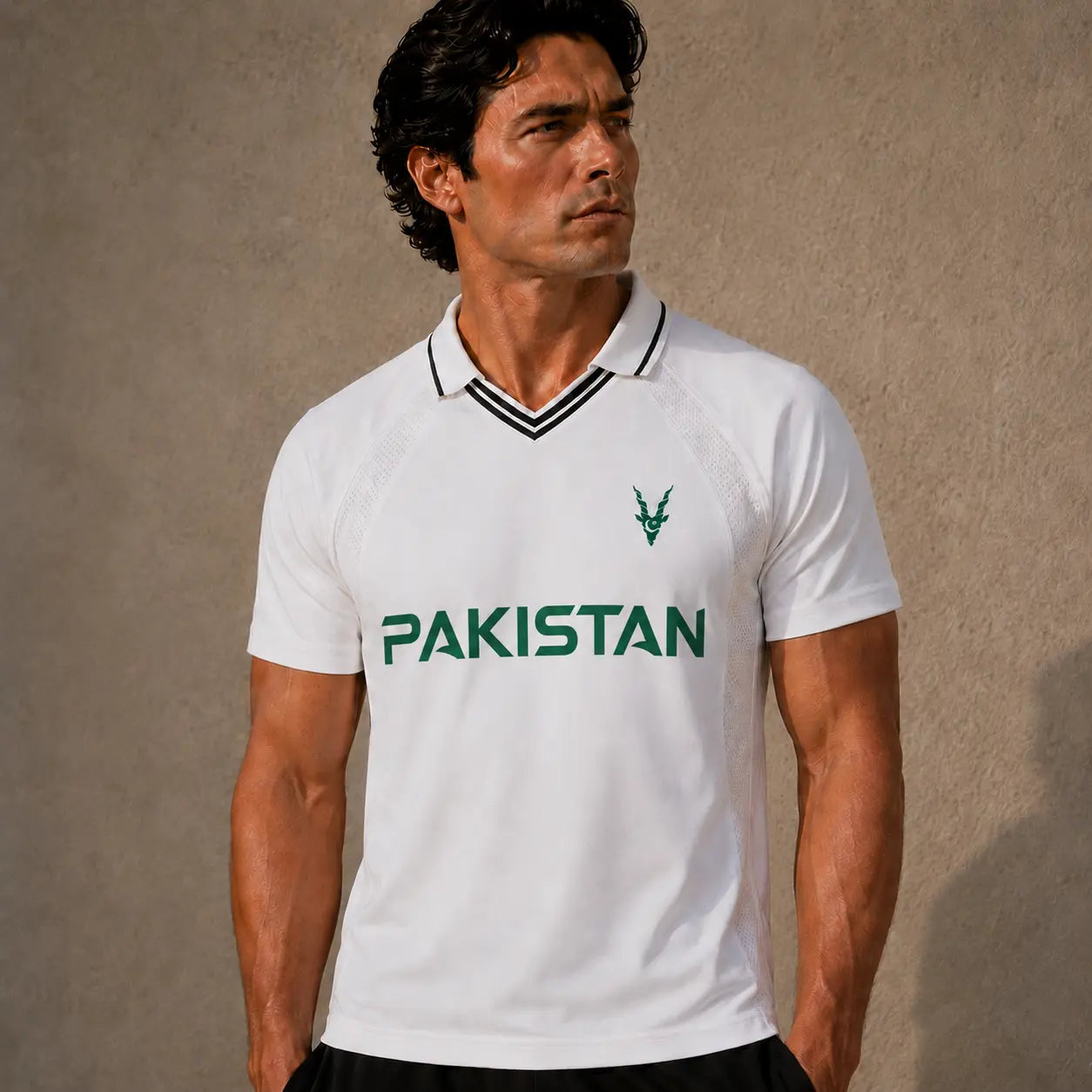 Man wearing a white polo shirt with 'Pakistan' printed on it against a beige background