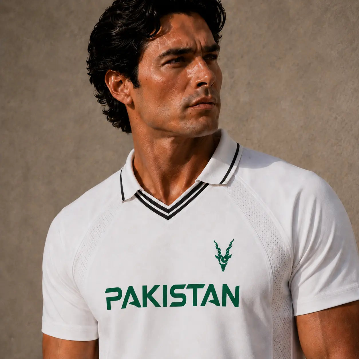 Man wearing a white polo shirt with 'Pakistan' printed on it against a neutral background