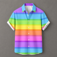 A short-sleeve button-up camp shirt with horizontal rainbow stripes in shades of purple, blue, green, yellow, orange, and pink, displayed on a neutral gray background.