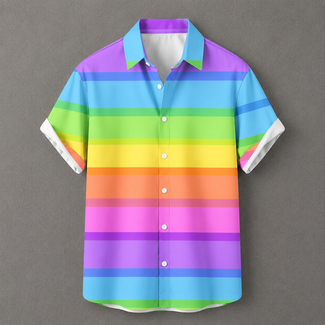 A short-sleeve button-up camp shirt with horizontal rainbow stripes in shades of purple, blue, green, yellow, orange, and pink, displayed on a neutral gray background.