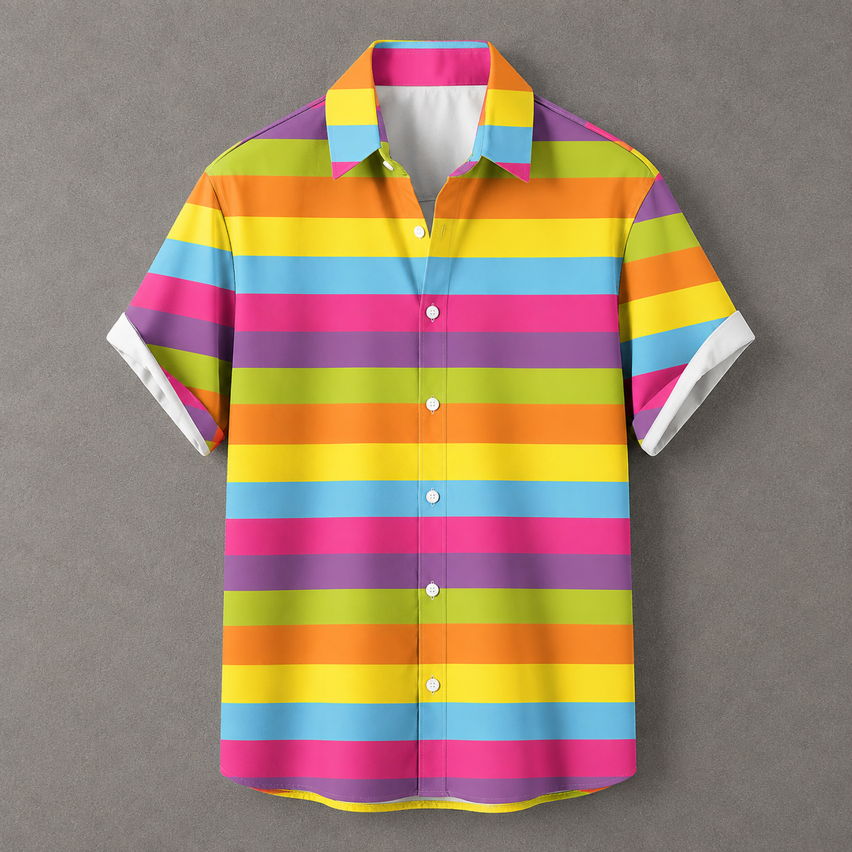 A short-sleeve button-up shirt with vibrant horizontal stripes in pink, orange, yellow, light blue, lime green, and purple, displayed against a neutral gray background.