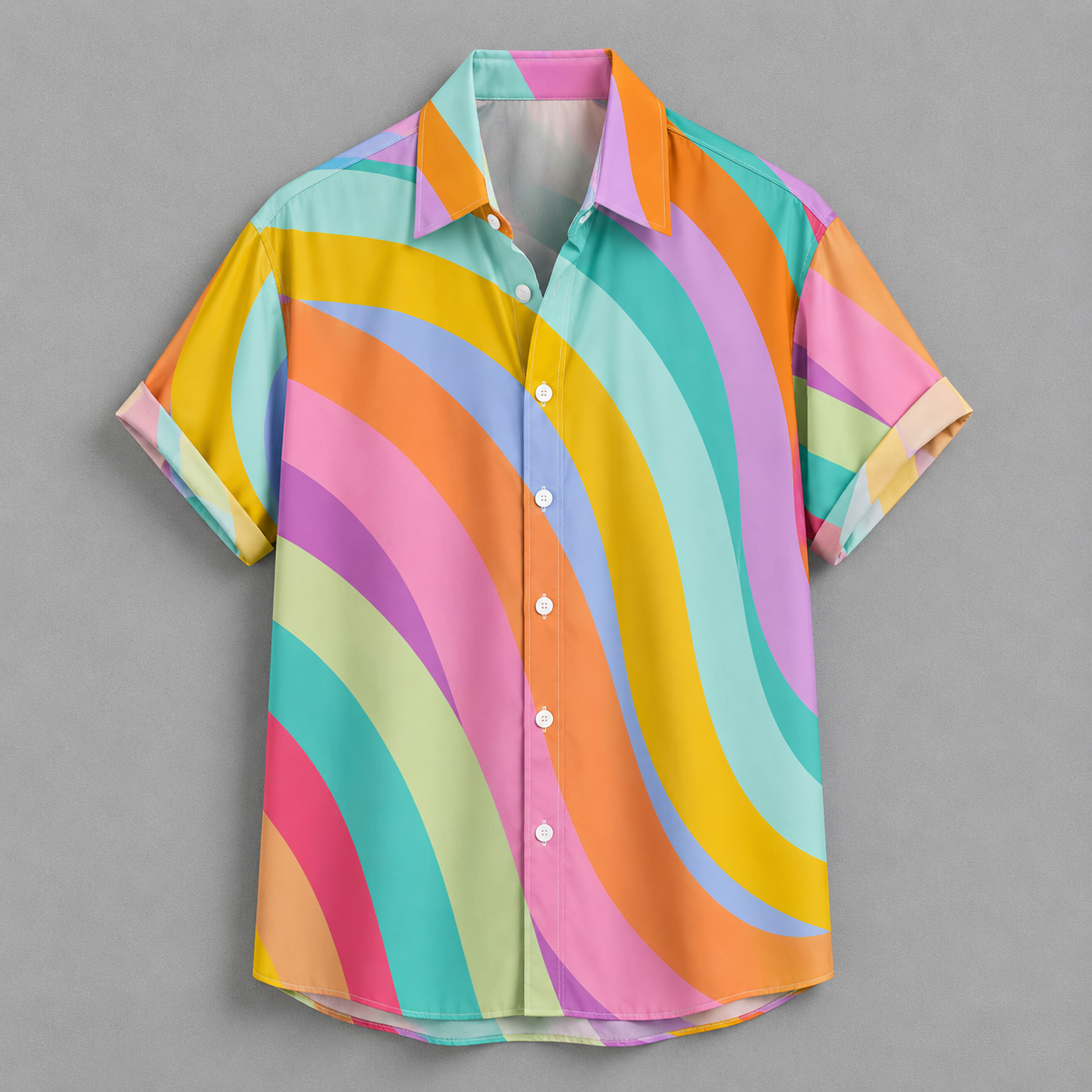 A short-sleeve button-up shirt with a retro wavy stripe pattern in yellow, orange, pink, purple, teal, and light green, displayed against a solid gray background.