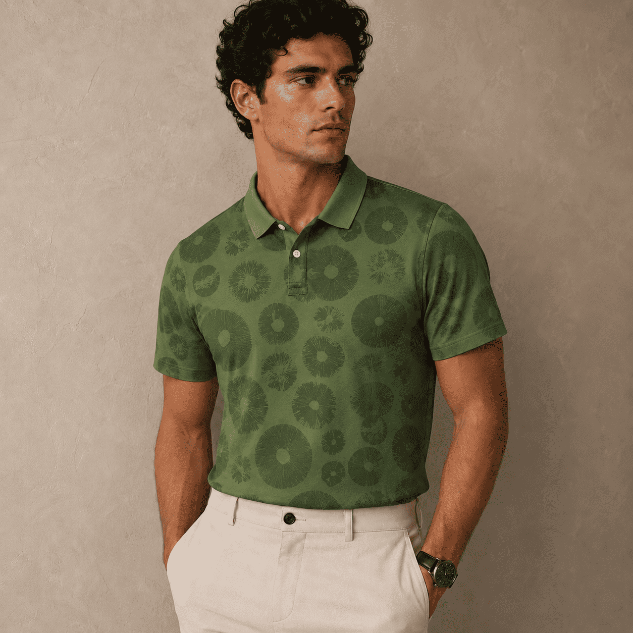 Man wearing a green patterned polo shirt against a beige background