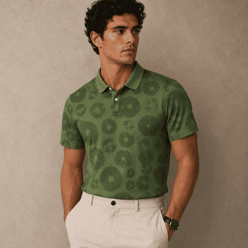 Man wearing a green patterned polo shirt against a beige background