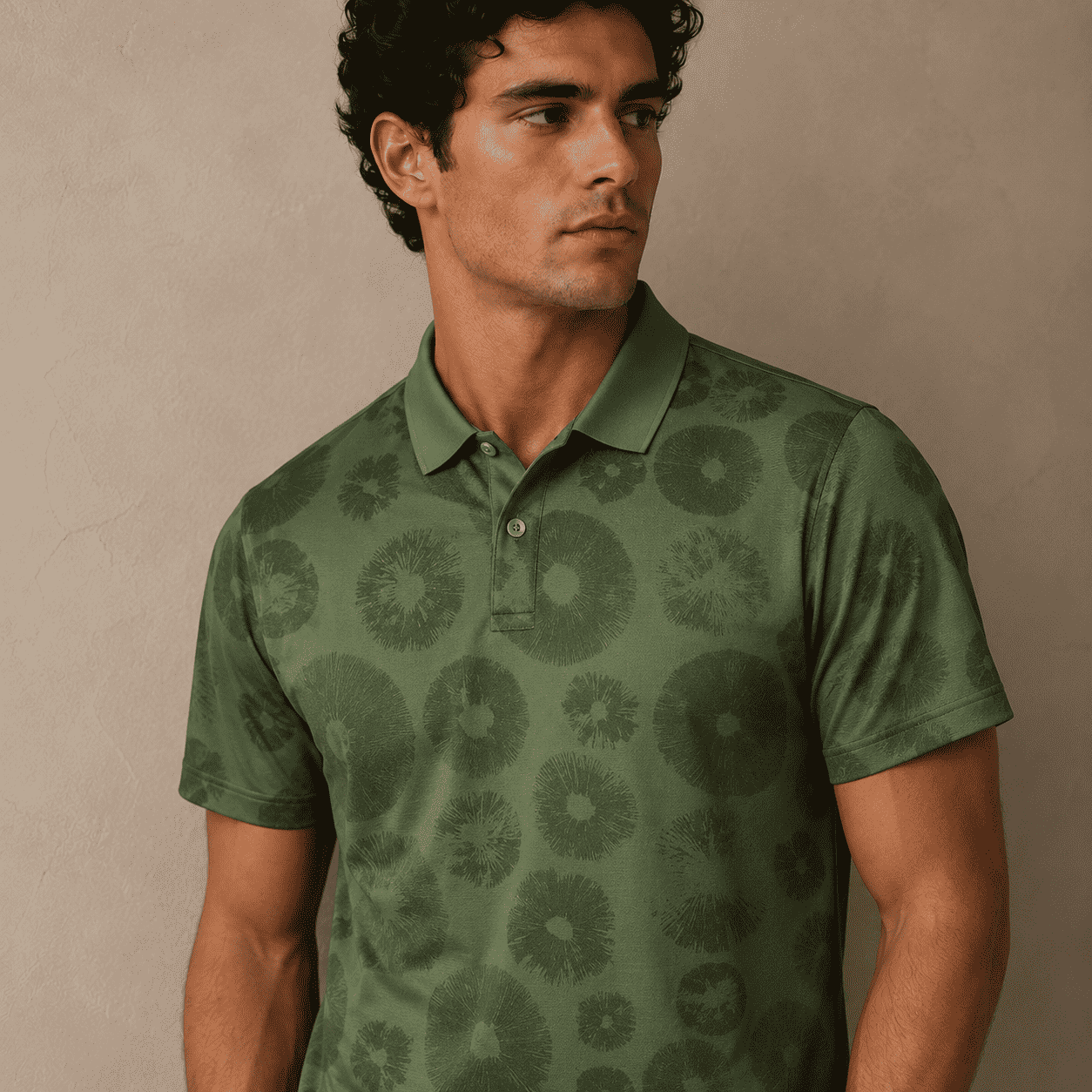 Man wearing a green patterned polo shirt against a beige background