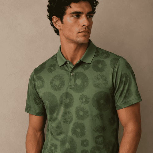 Man wearing a green patterned polo shirt against a beige background