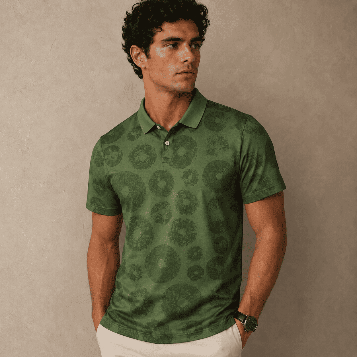 Man wearing a green patterned polo shirt against a beige background