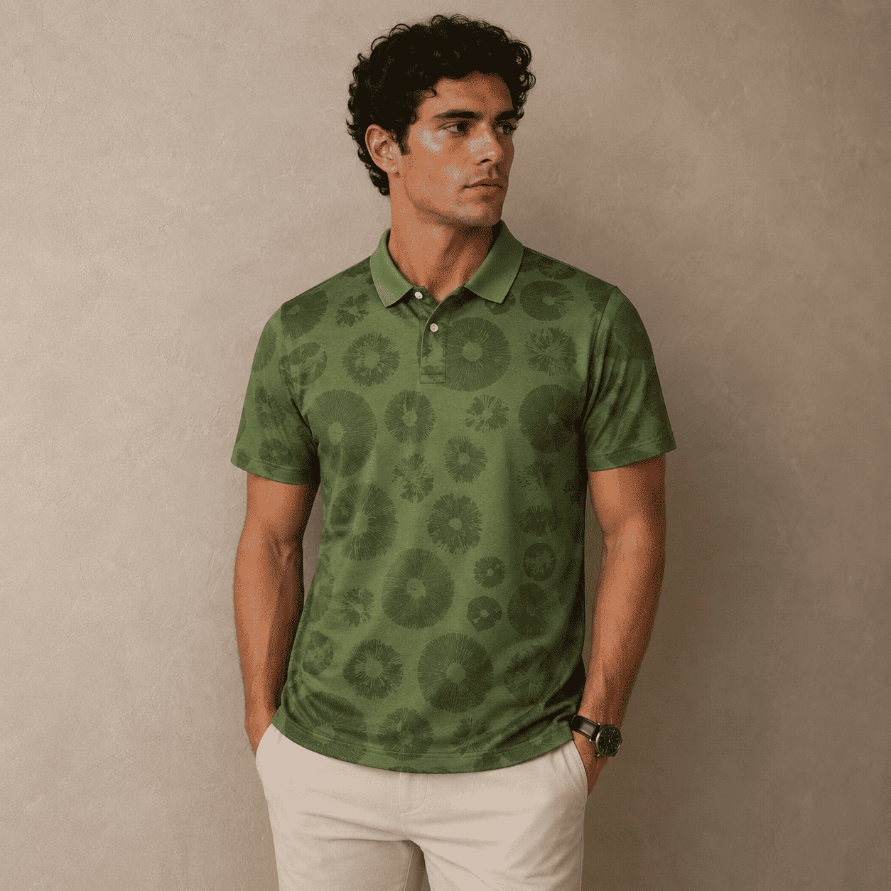 Man wearing a green patterned polo shirt against a beige background