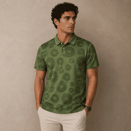 Man wearing a green patterned polo shirt against a beige background