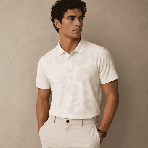Man wearing a white polo shirt and beige pants against a plain background